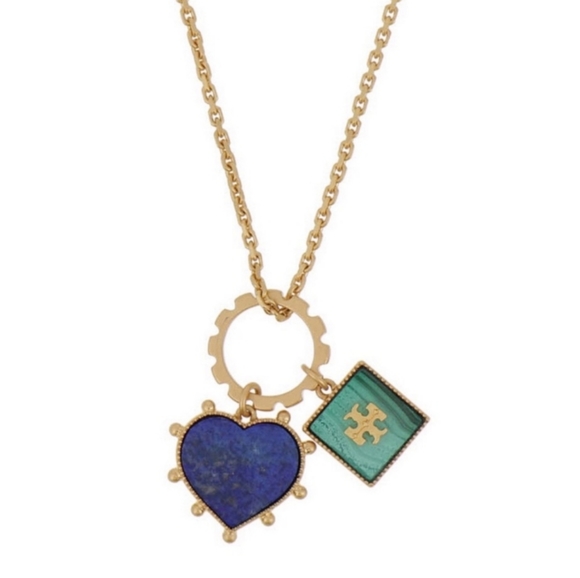 Tory Burch Vintage Gold Plated Mother Of Pearl Heart and Square Charm Ne… - Picture 5 of 12